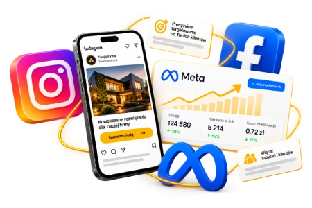 Ilustracja: kampania Meta Ads na Facebooku i Instagramie z wykresem wzrostu